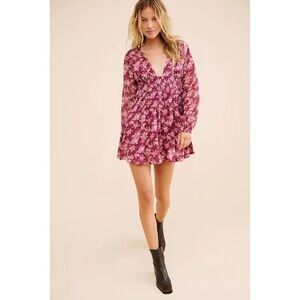 Free People Cotton Maroon Floral Long Sleeve Smocked Waist Mini Dress Sz. M
